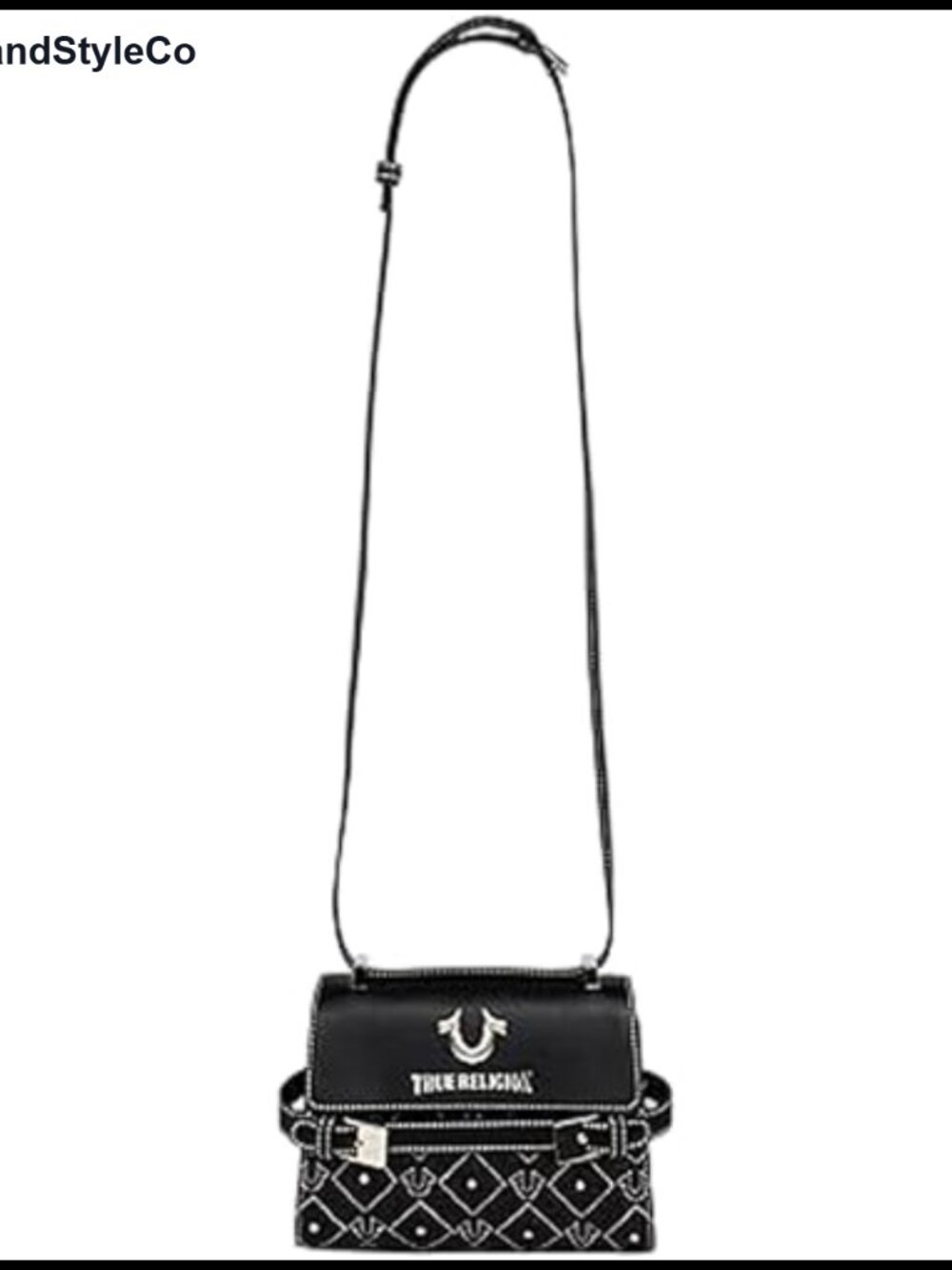 Denim Crossbody Flap Bag Studded Horseshoe Logo Adjustable Strap Diamond Stitch